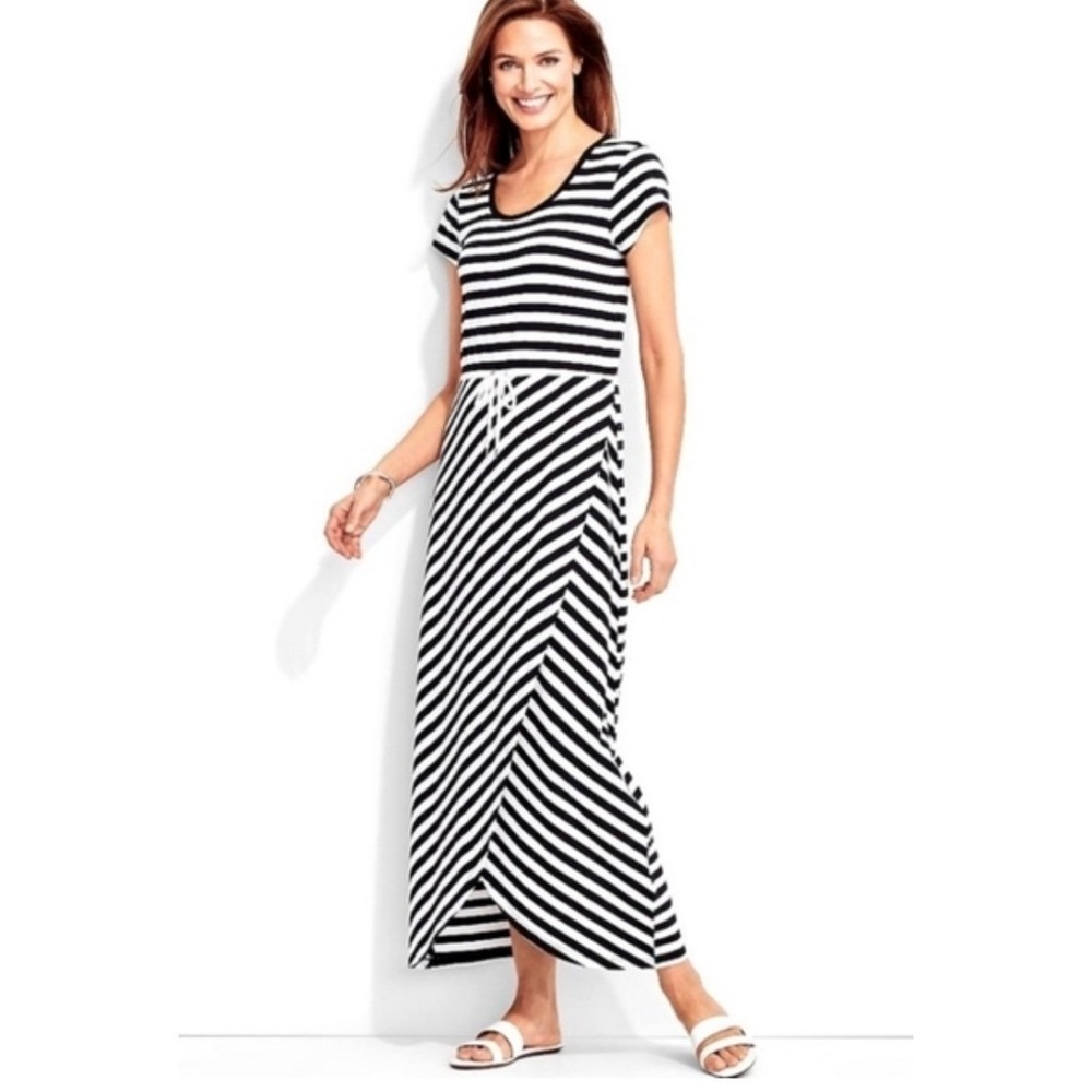 Talbots Black White Stripe Maxi Dress Drawstring Waist Cap Sleeve Jersey Knit